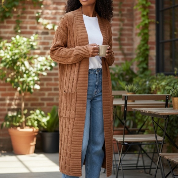 Spring 21 Sweaters - Long Tan Cable Knit Cardigan